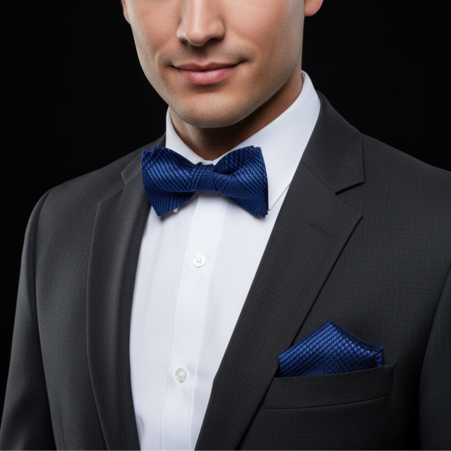 Man wearing a black suit with a white shirt and blue bow tie and pocket square on a black background