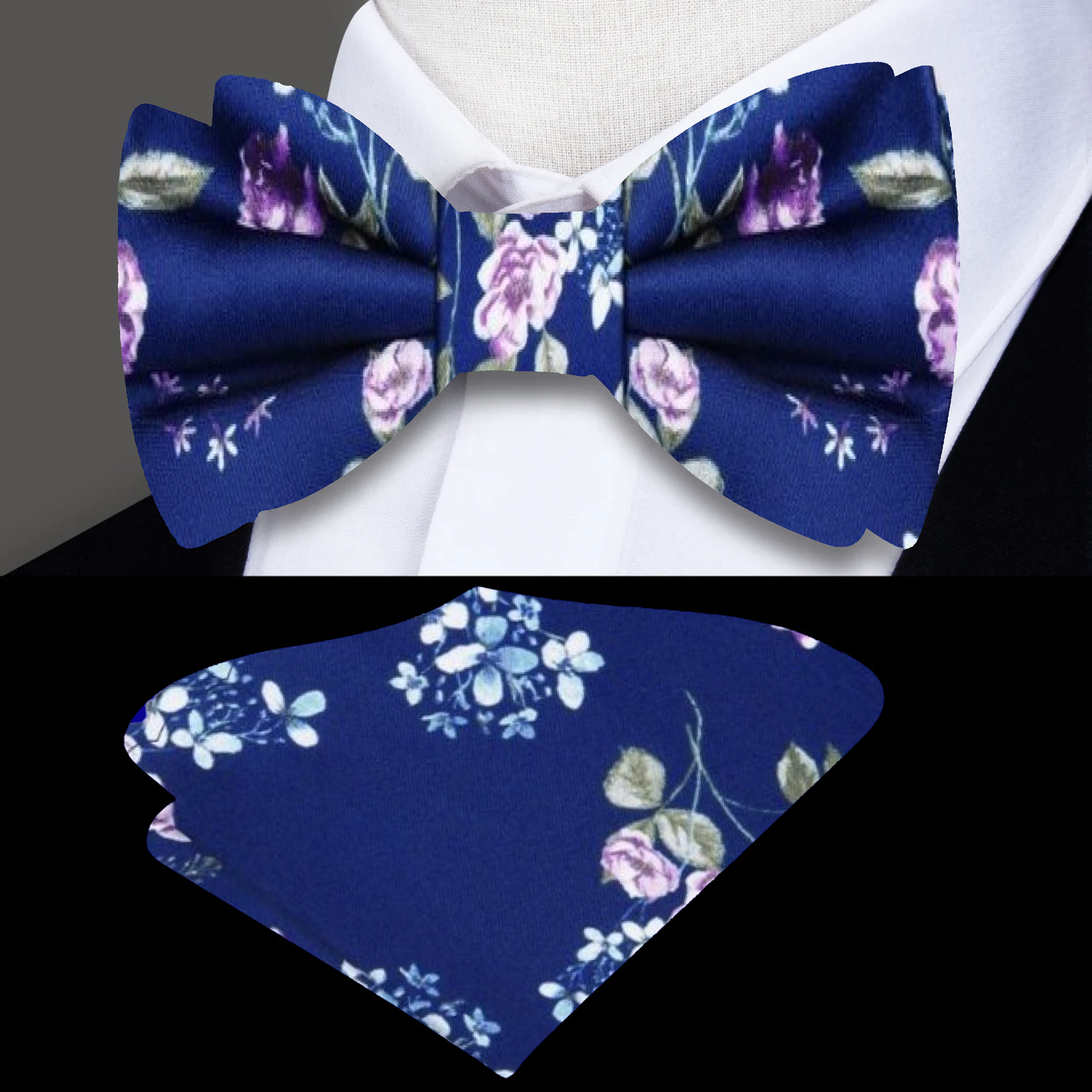 Main View: Blue, Pink Flowers Bow Tie and Pocket Square||Navy
