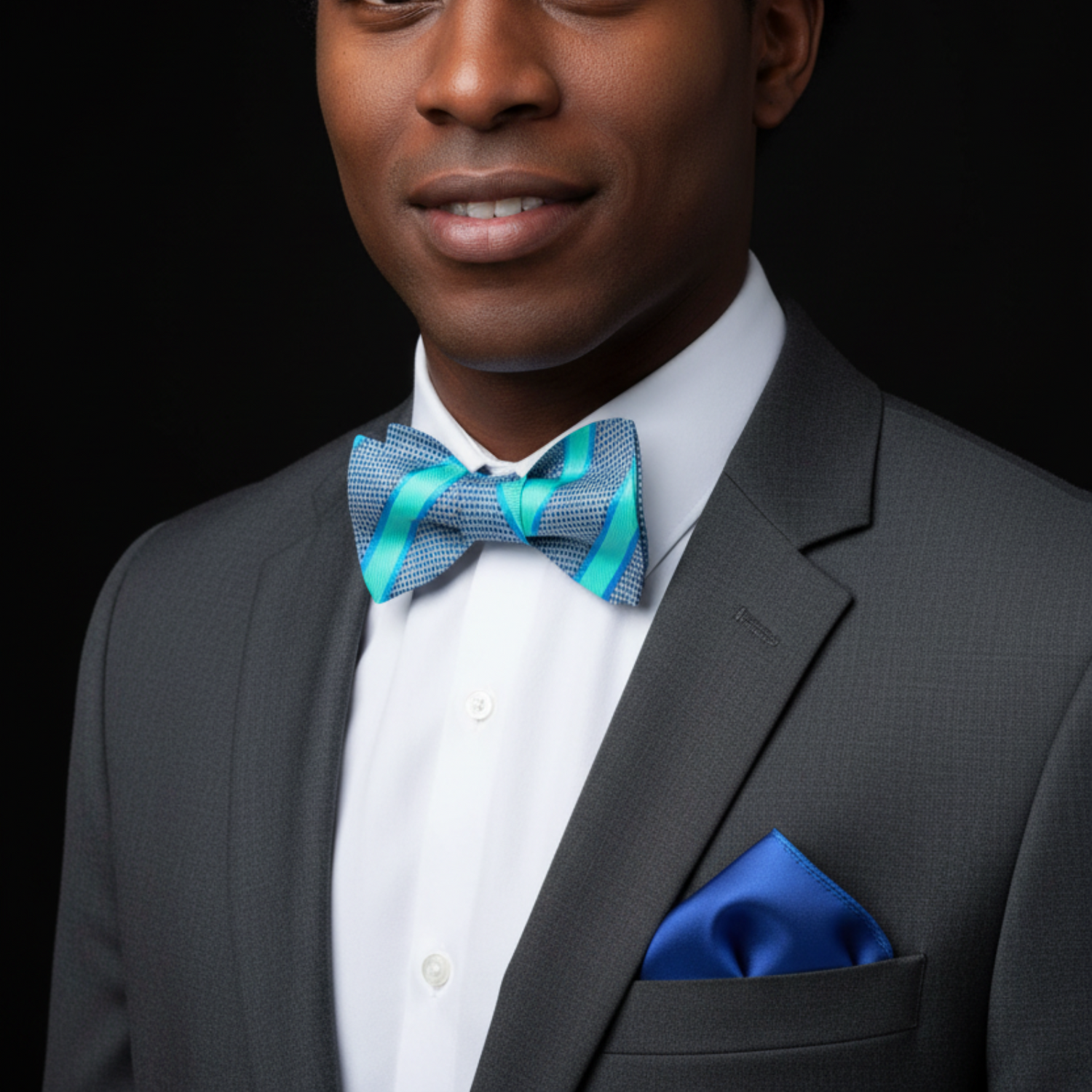Blue, Light Blue Stripe Bow Tie and Blue Square