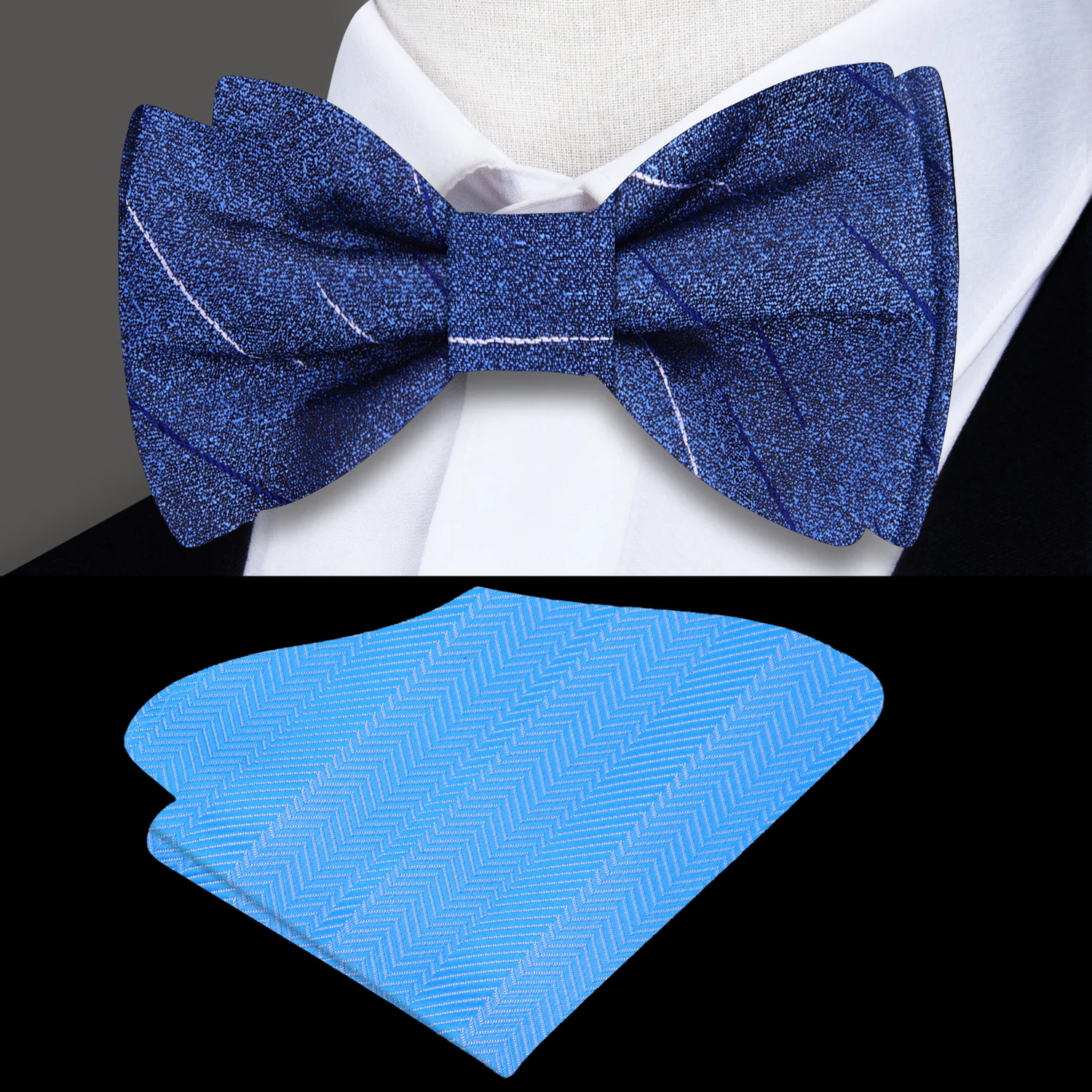 Blue Stripe Bow tie and Accenting Light Blue Square