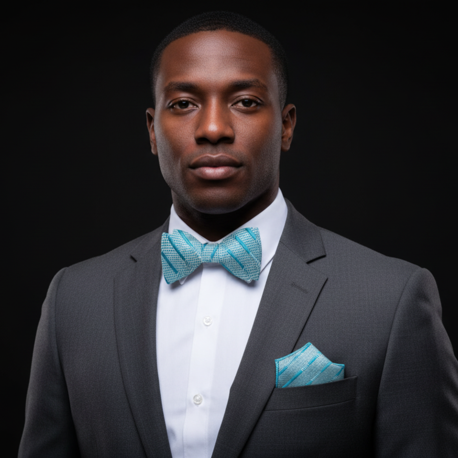 Man wearing a gray suit with a blue bow tie and pocket square on a black background