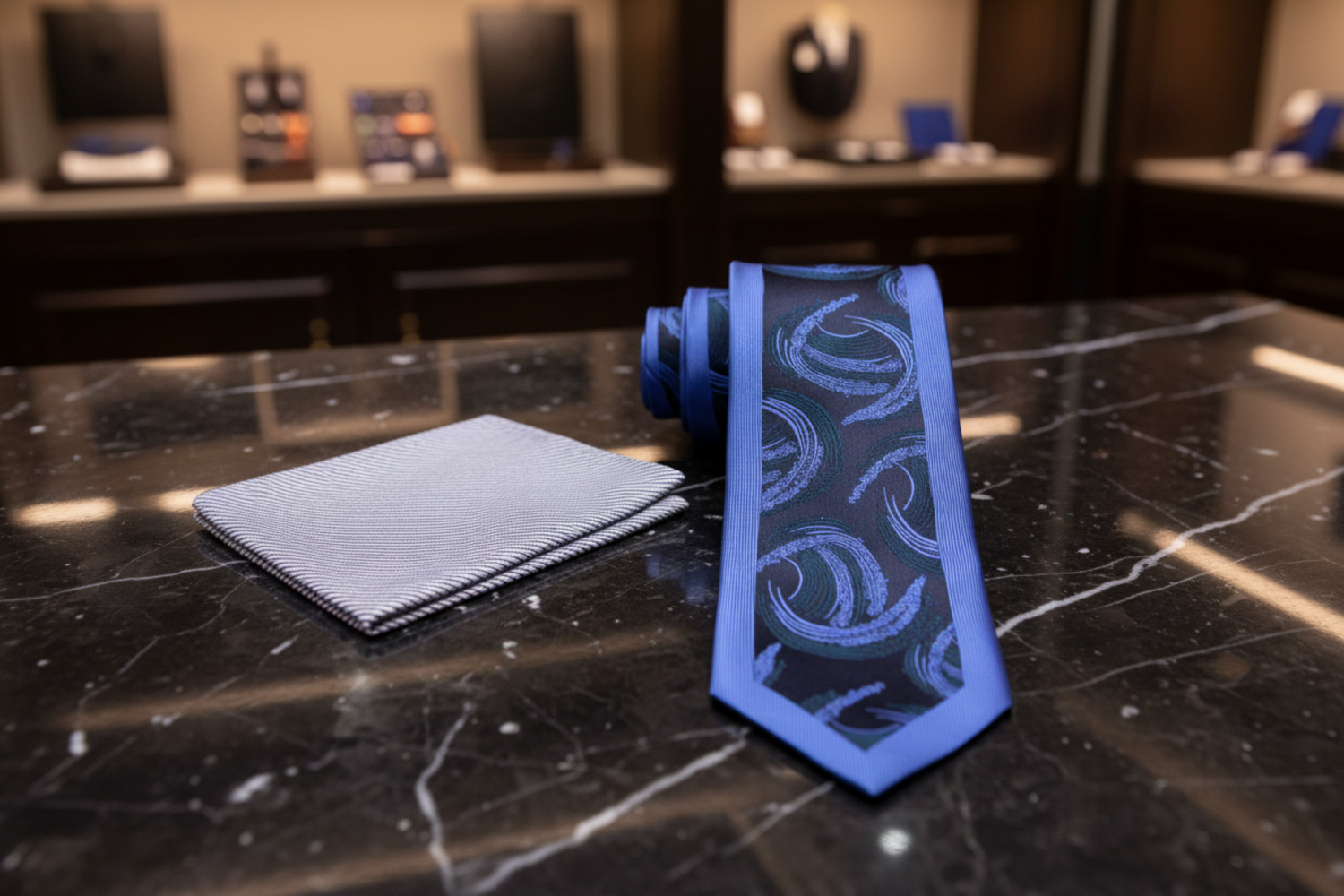 View 2: Blue Swirls Necktie and Silver Square