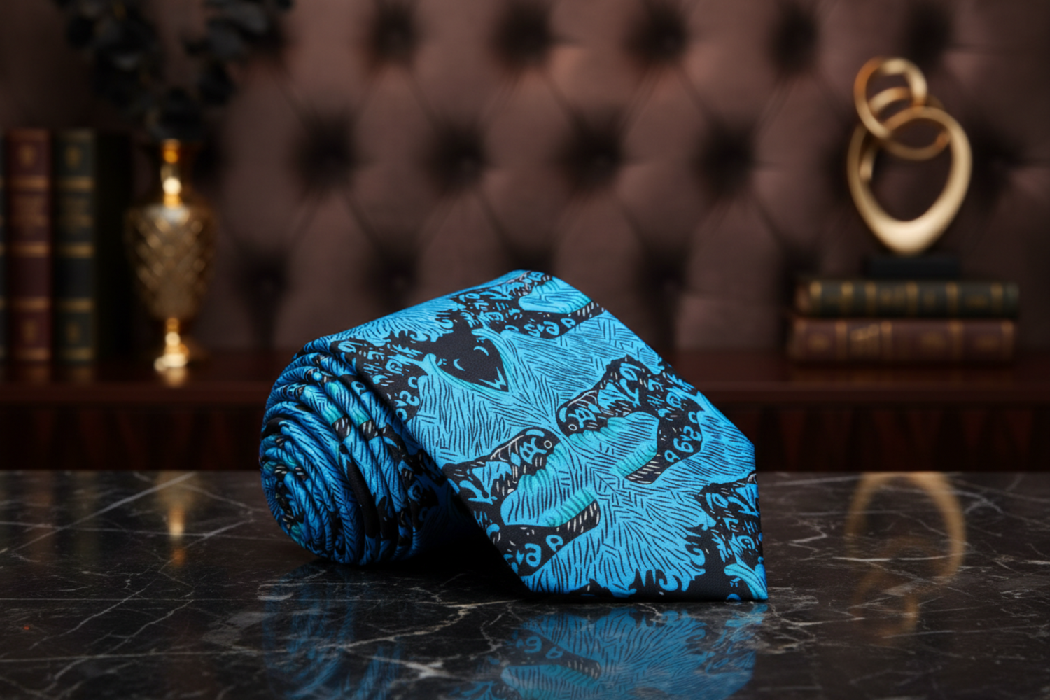 Blue tie with black abstract pattern