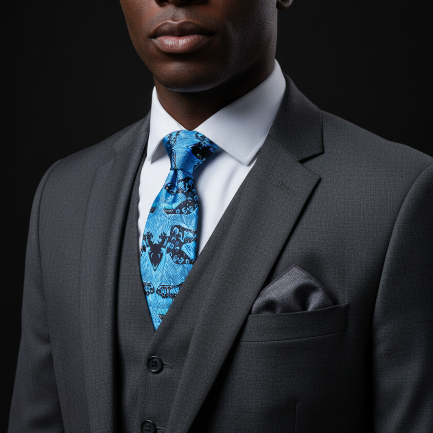Man wearing a gray suit with a blue patterned tie against a black background