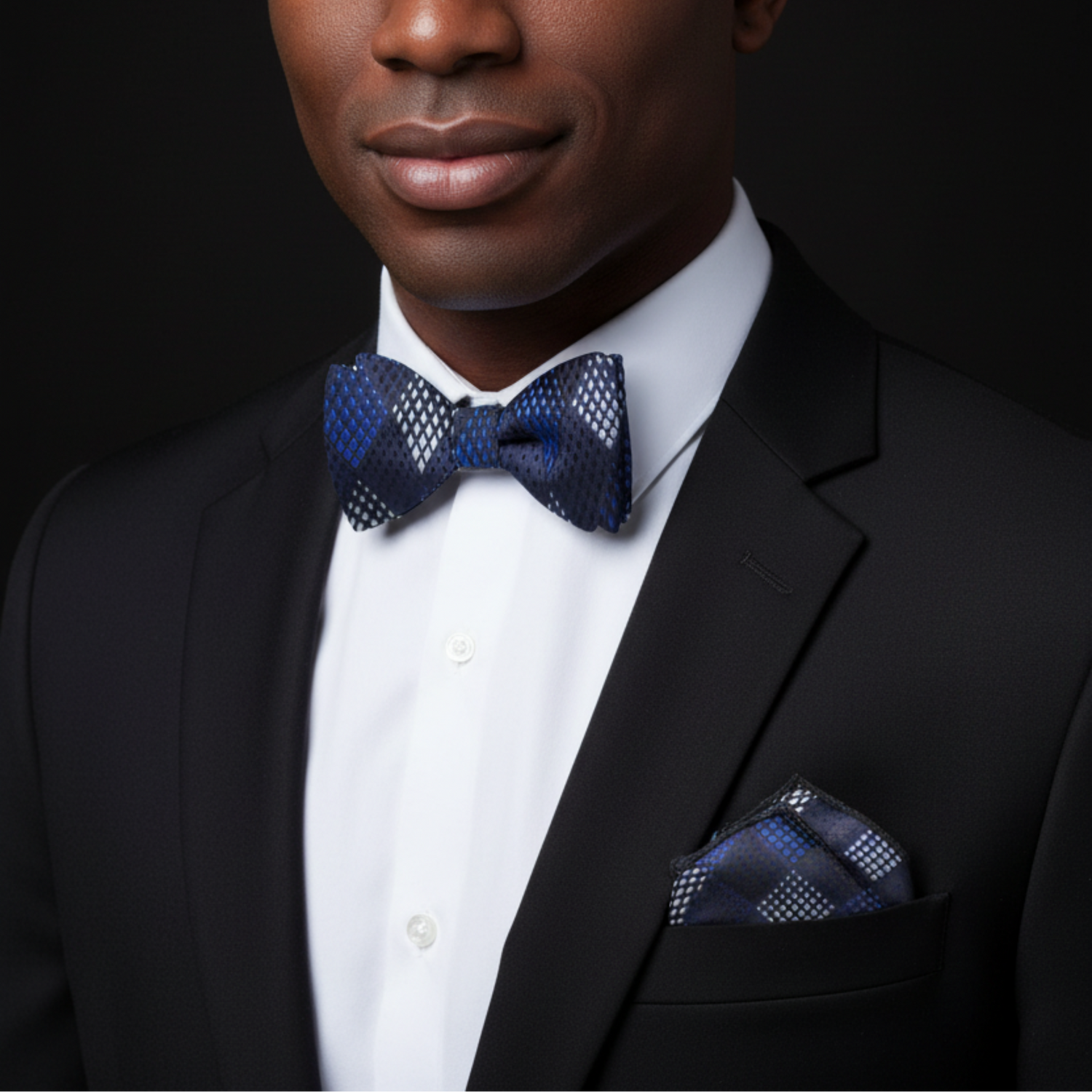 A Blue, White Geometric Diamond Pattern Self-Tie Bow Tie, Matching Pocket Square