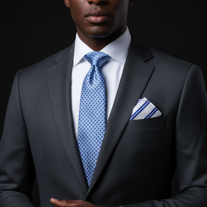 Man wearing a gray suit with a blue tie and pocket square on a black background