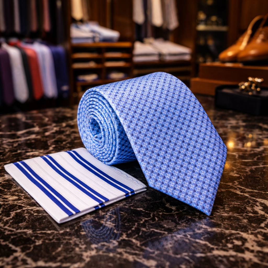 Blue patterned tie and striped pocket square on a marble surface with clothing and shoes in the background