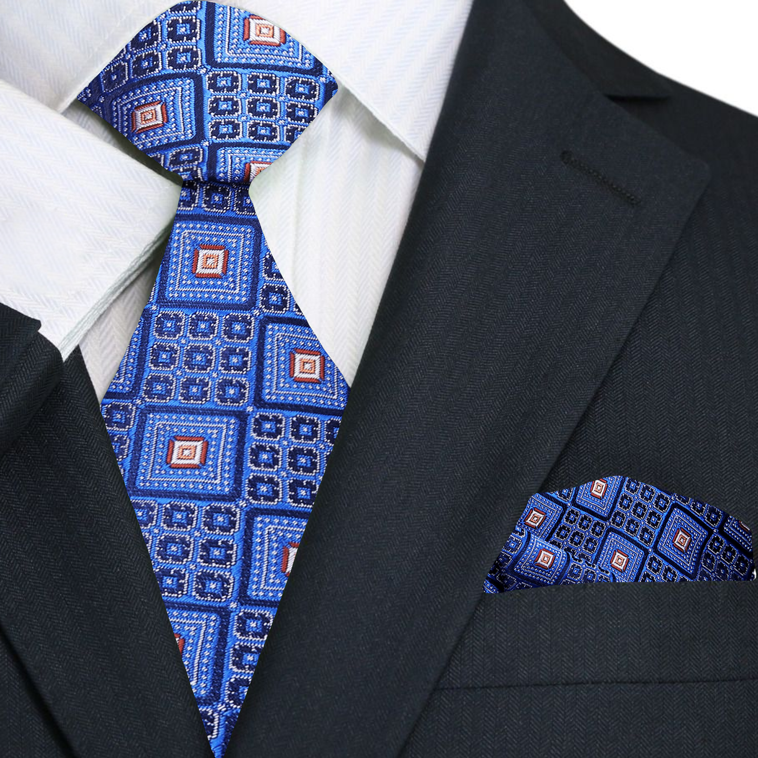 Main Blue, Light Blue, Brown Squares Tie and Pocket Square