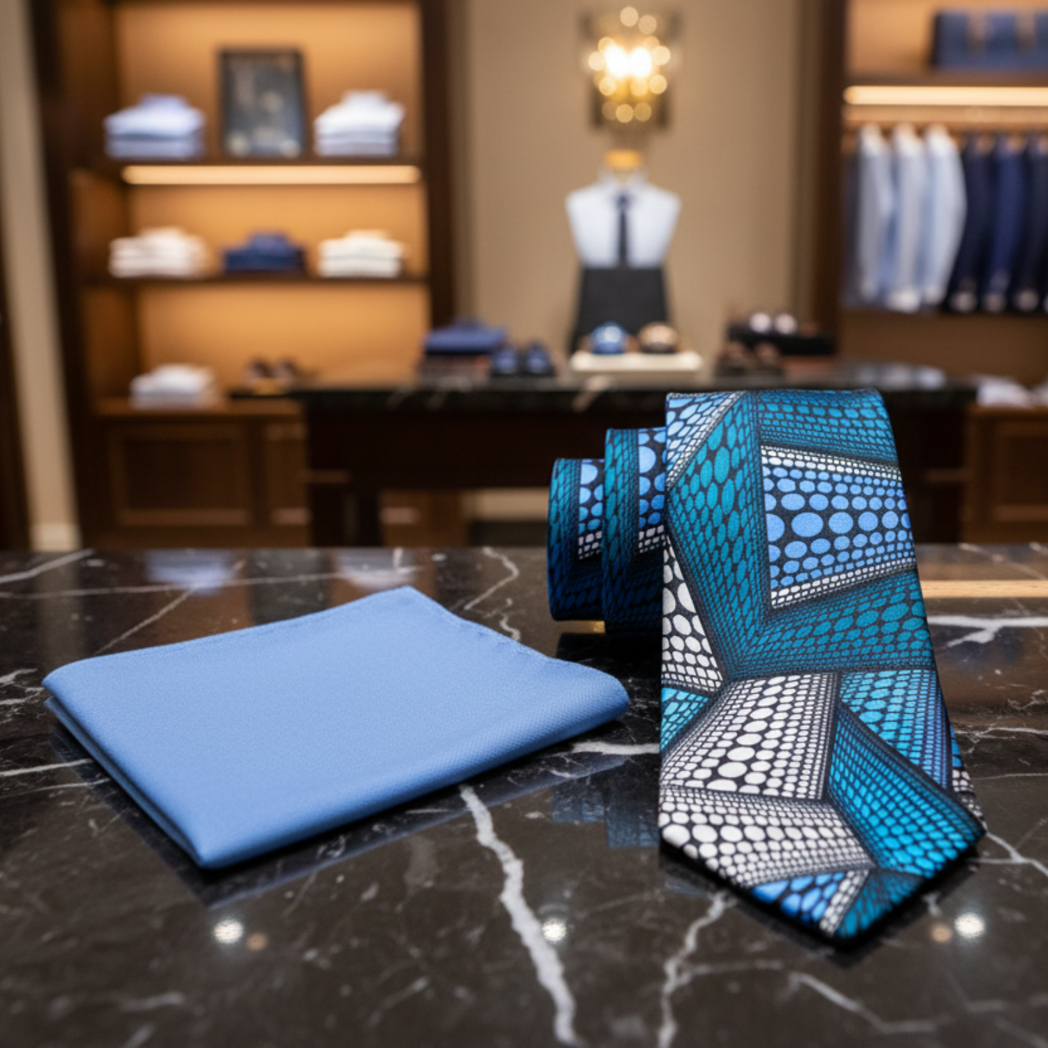 An Abstract Blue and White Necktie and Light Blue Square Alt View