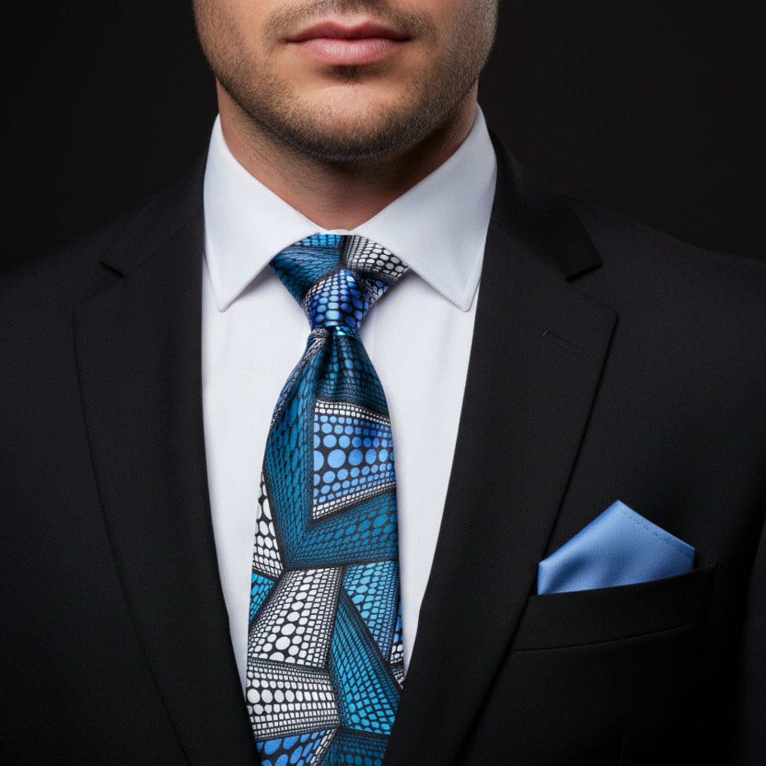 Black, Turquoise & Cobalt Blue 3D Geometric Dot Necktie