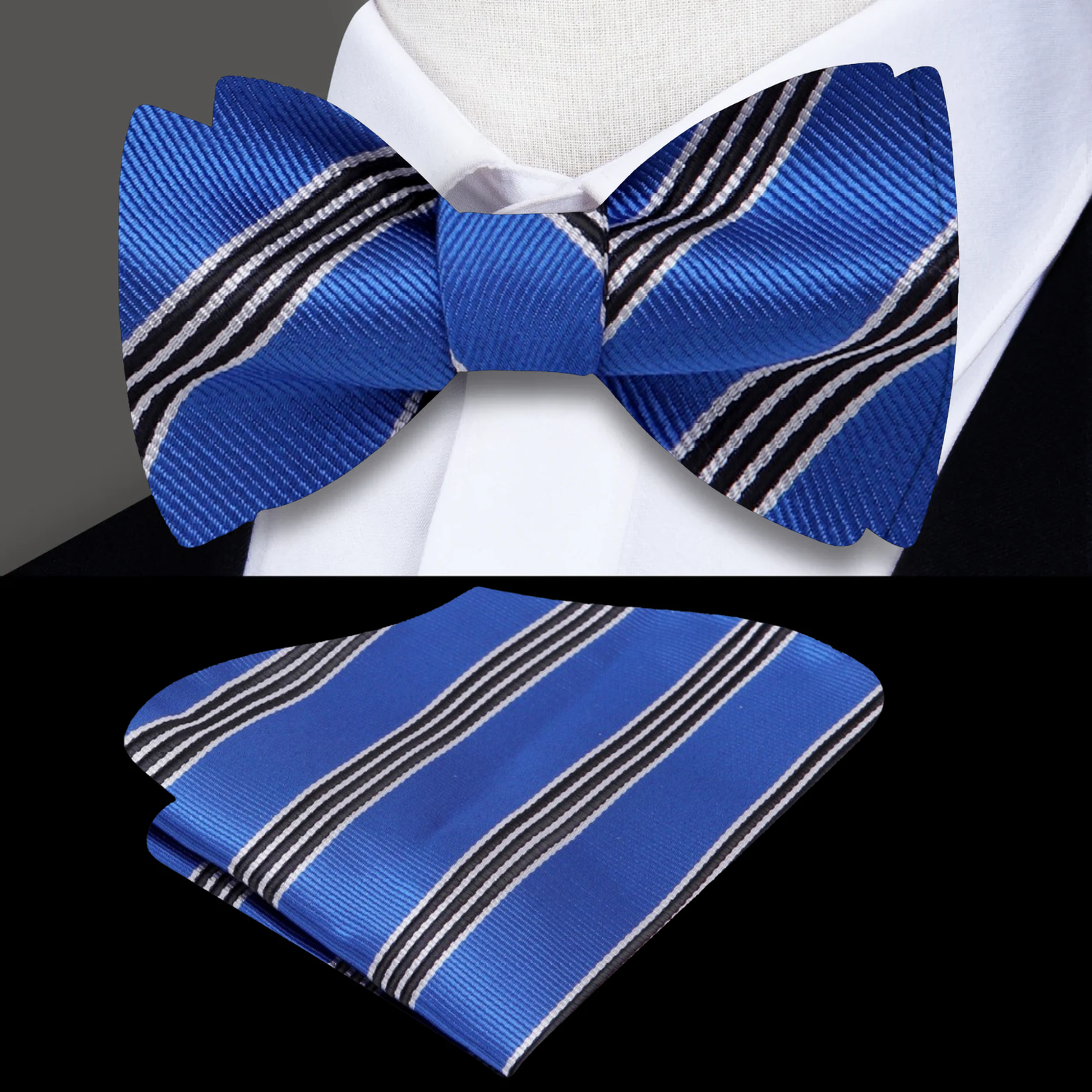 Blue, Black, White Stripe Pattern Silk Self Tie Bow Tie, Matching Pocket Square