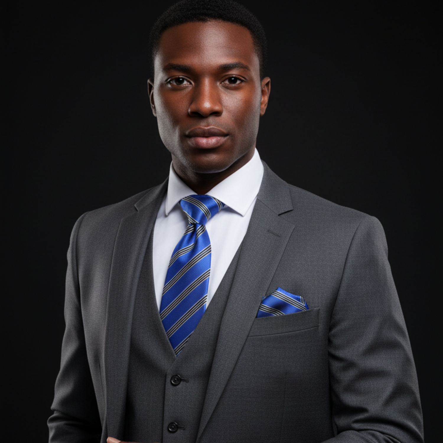 Man wearing a gray suit with a blue striped tie against a black background