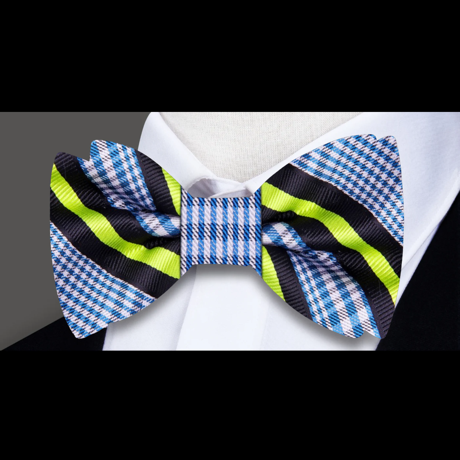 White, Blue Plaid Stripe Bow Tie