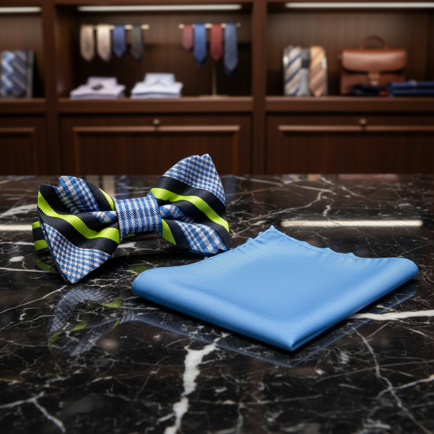White, Blue Plaid Stripe Bow Tie and Blue Pocket Square