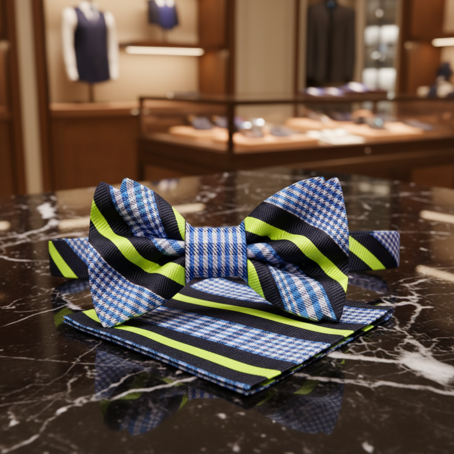White, Blue Plaid Stripe Bow Tie and Pocket Square