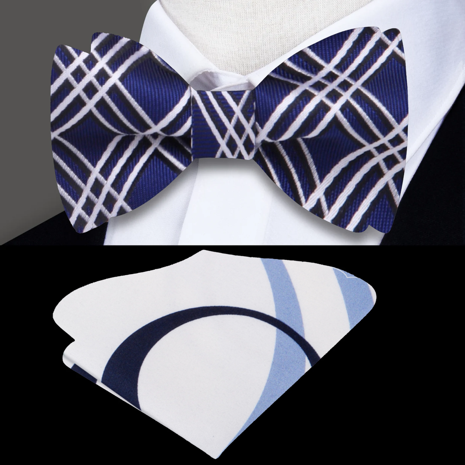 A dark blue bow tie with a white plaid pattern paired with a white pocket square, displayed on a mannequin.