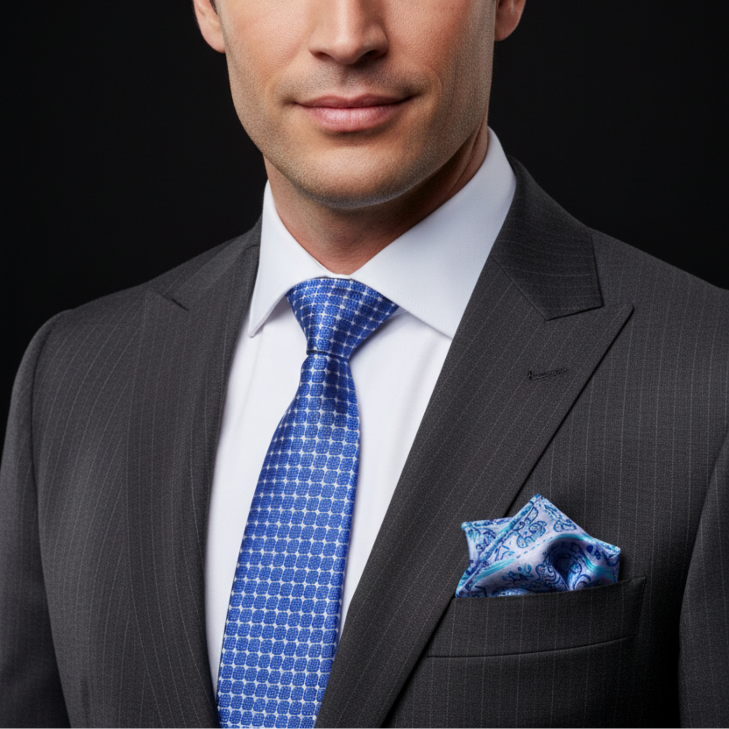 Man wearing a gray suit with a blue patterned tie and pocket square on a black background