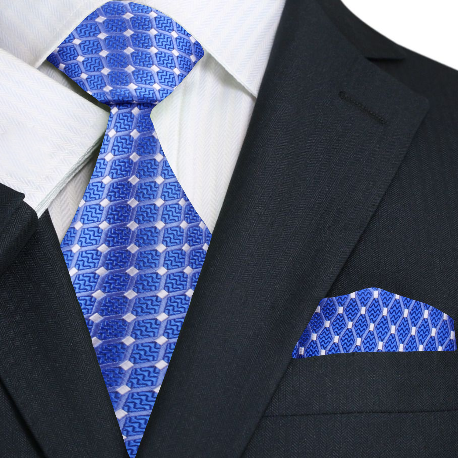 A Blue, White Geometric Pattern Pattern Necktie, Matching Pocket Square.