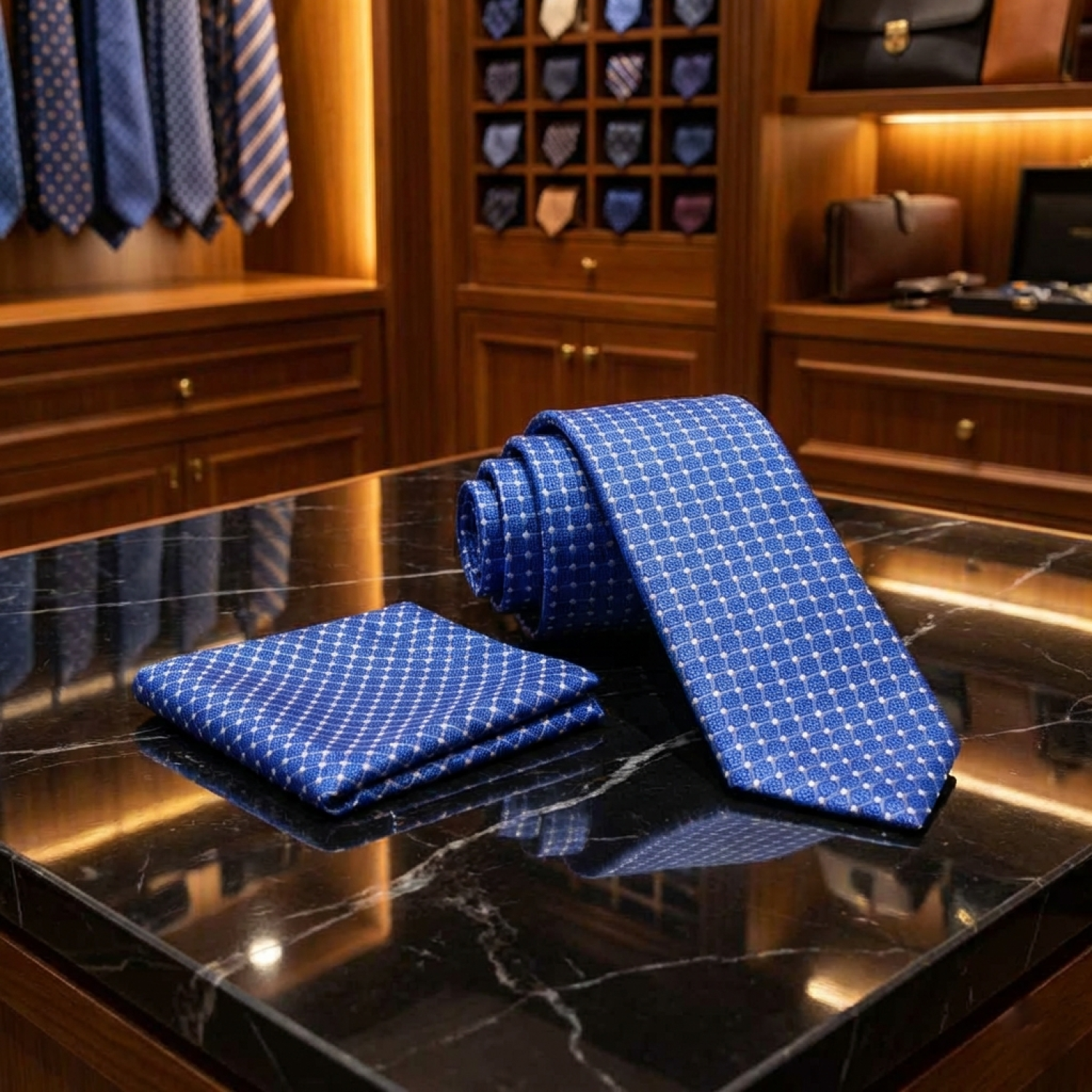 Blue patterned tie and pocket square on a marble surface with a wooden wardrobe background