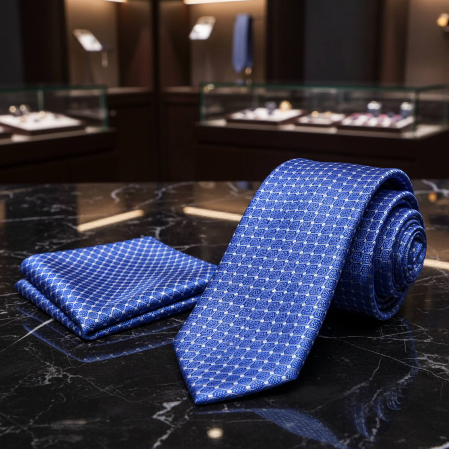 Alt Blue White Check Interlock Aristotle Necktie and Matching Square 