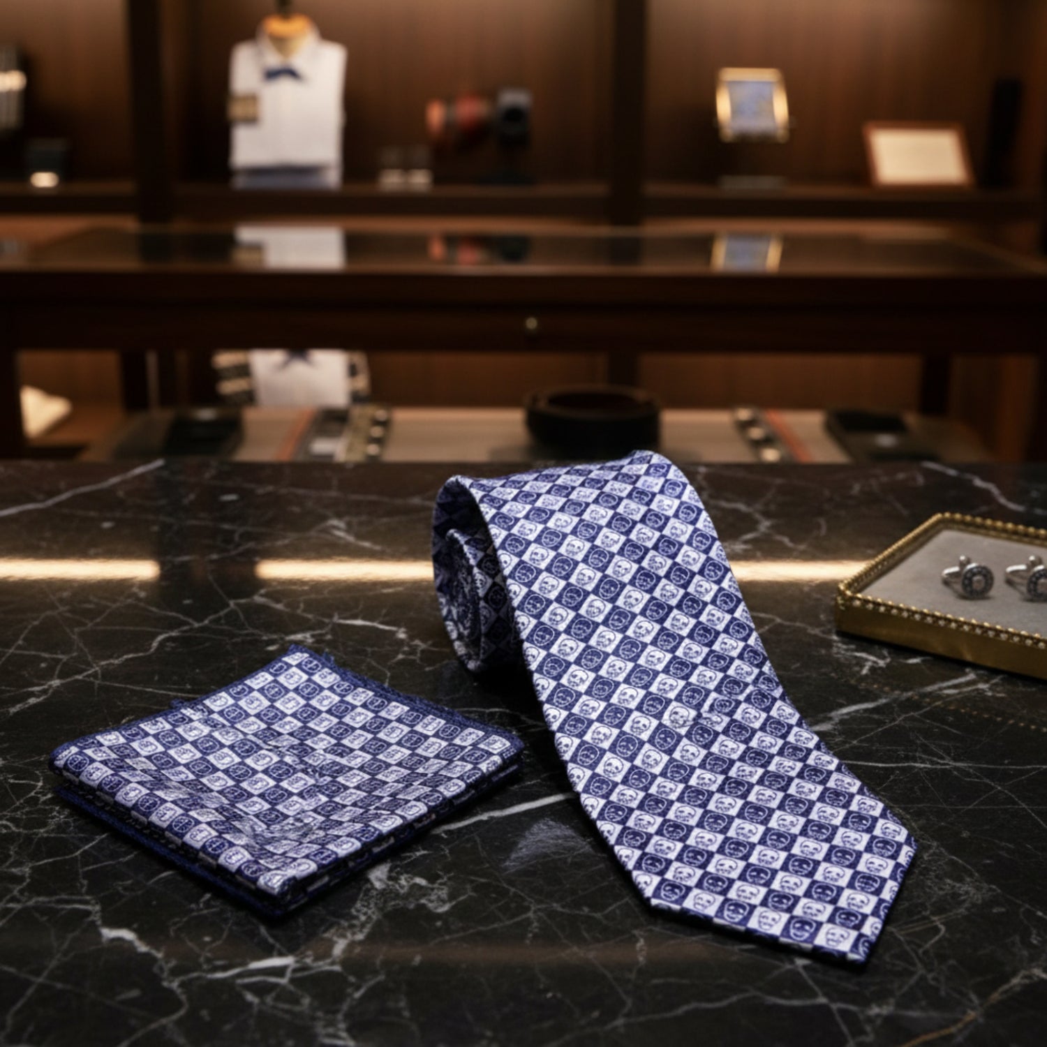 Alt View: Blue White Checkered Skull Tie and Pocket Square