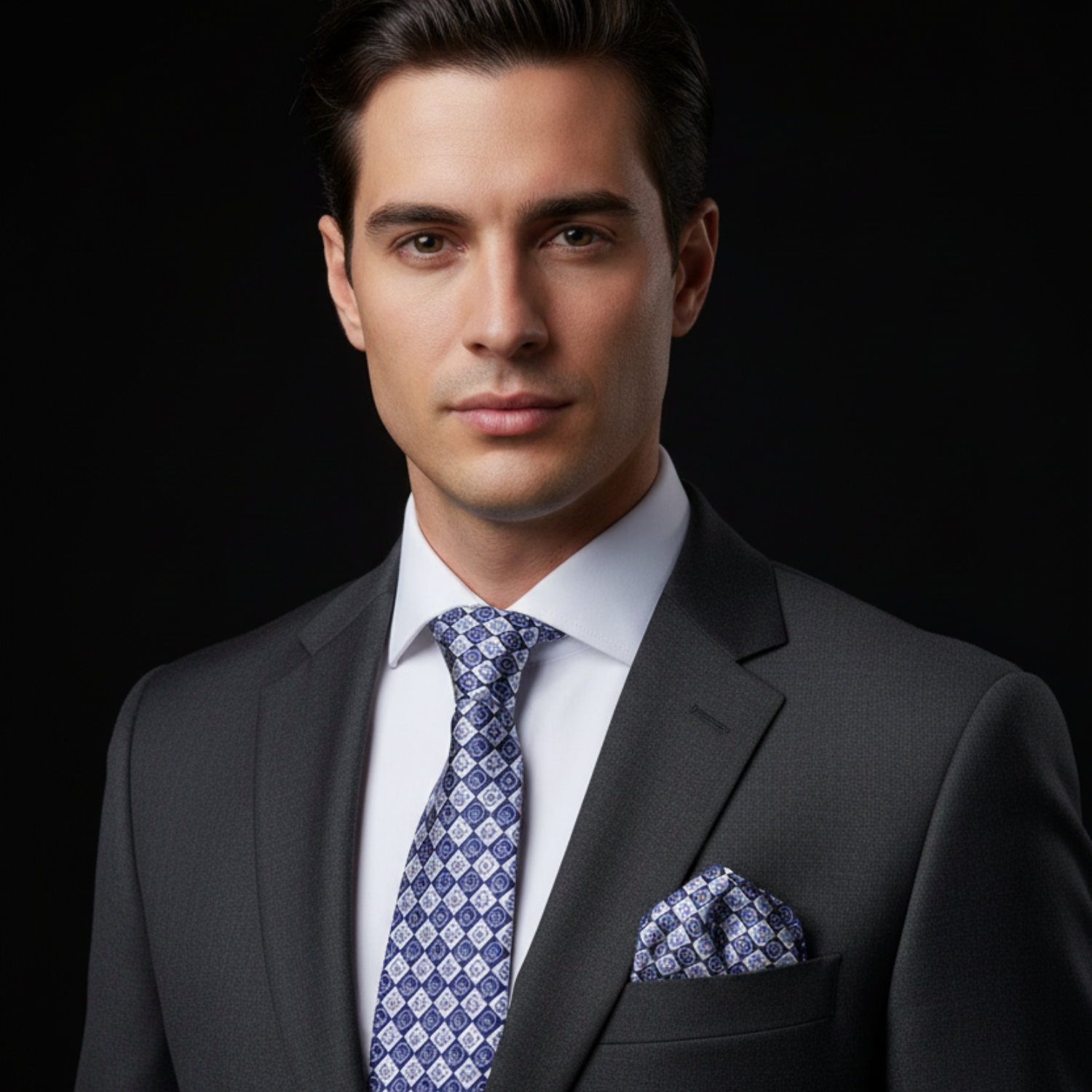 Man wearing a dark suit with a patterned tie and pocket square on a black background