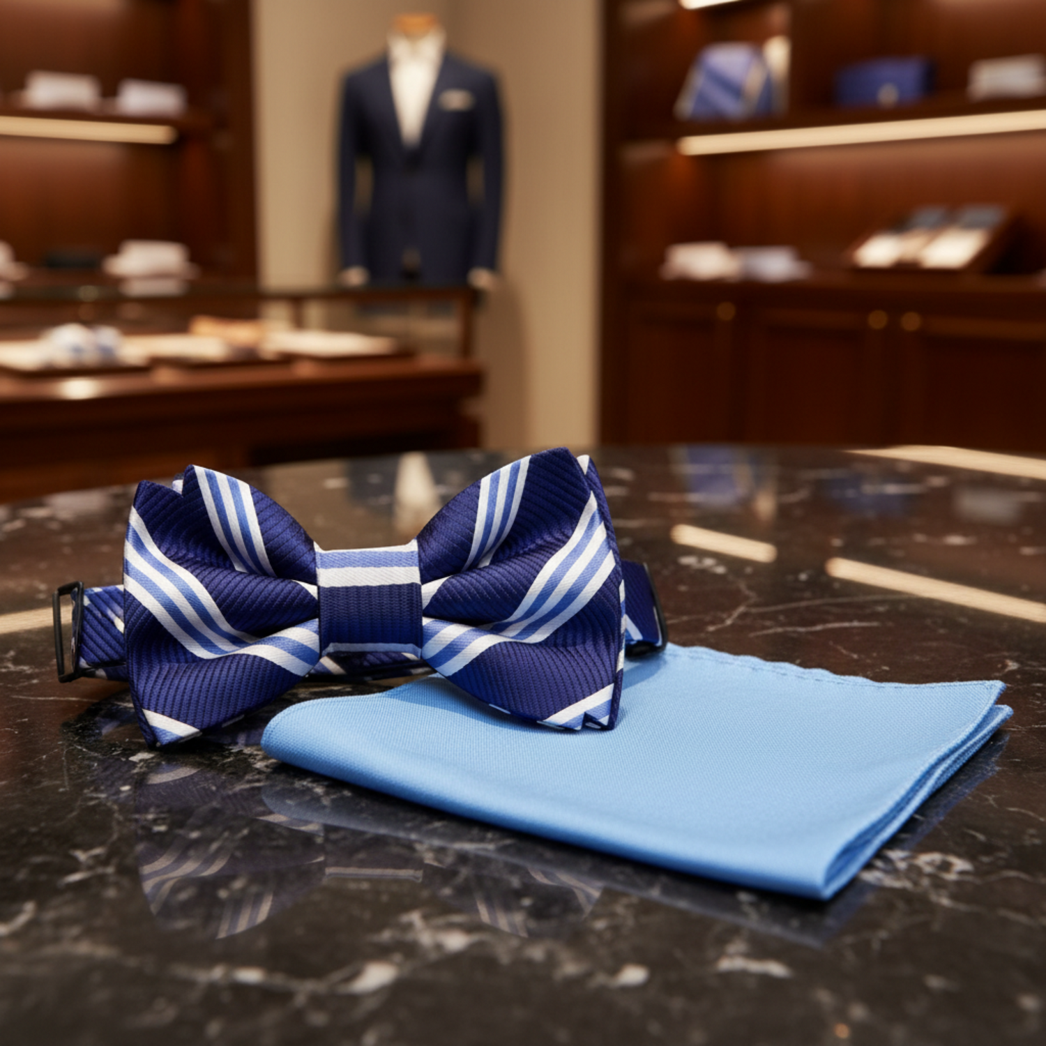 Blue, White Stripe Bow Tie and Blue Square||Blue