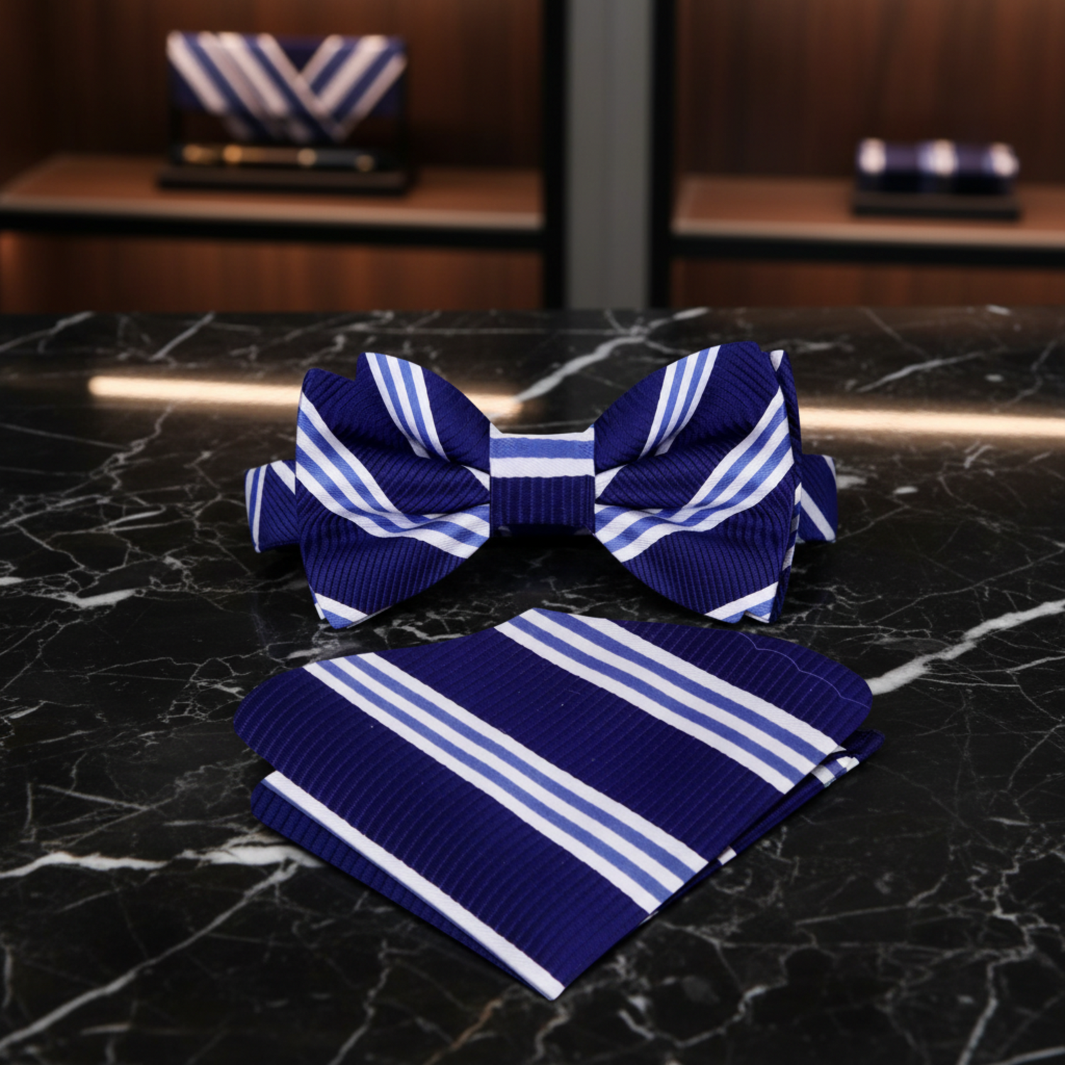 Blue, White Stripe Bow Tie and Square||Blue