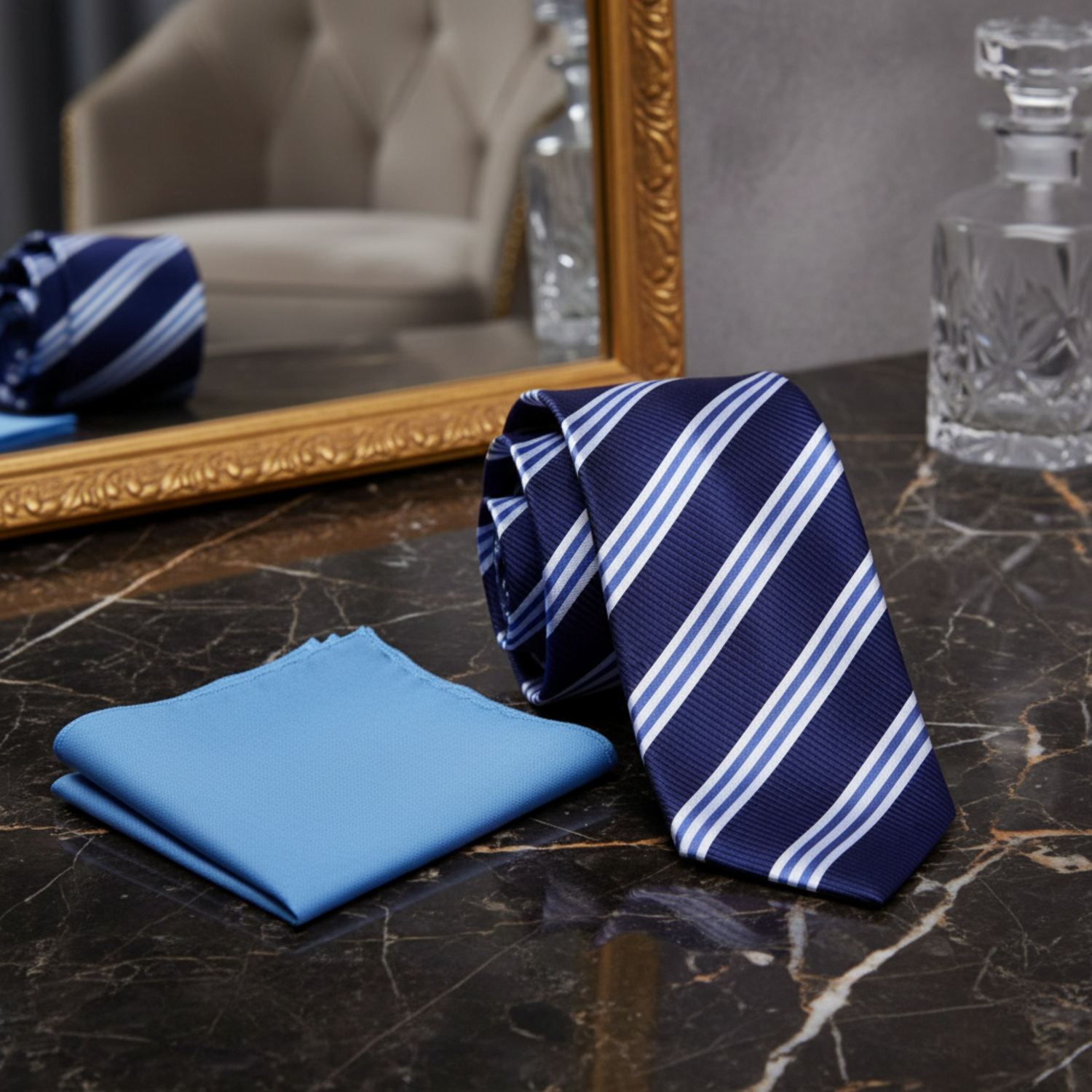 Blue striped tie and light blue pocket square