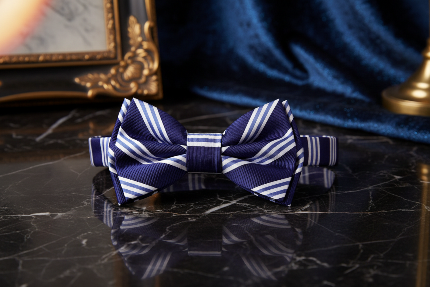 Blue White Stripe Pre Tied Bow Tie