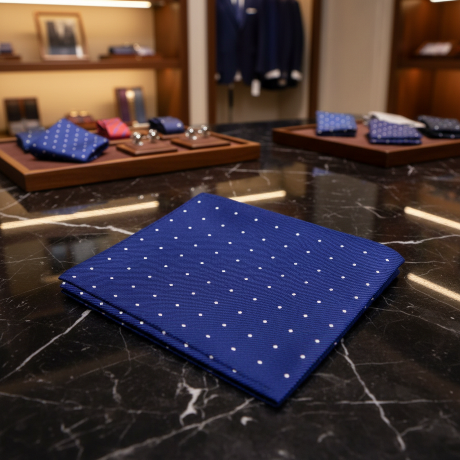 A folded blue necktie with a white polka dot pattern