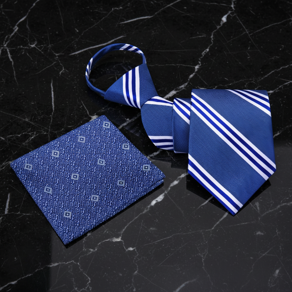Alt Blue, White Stripe Tie and Square||Blue