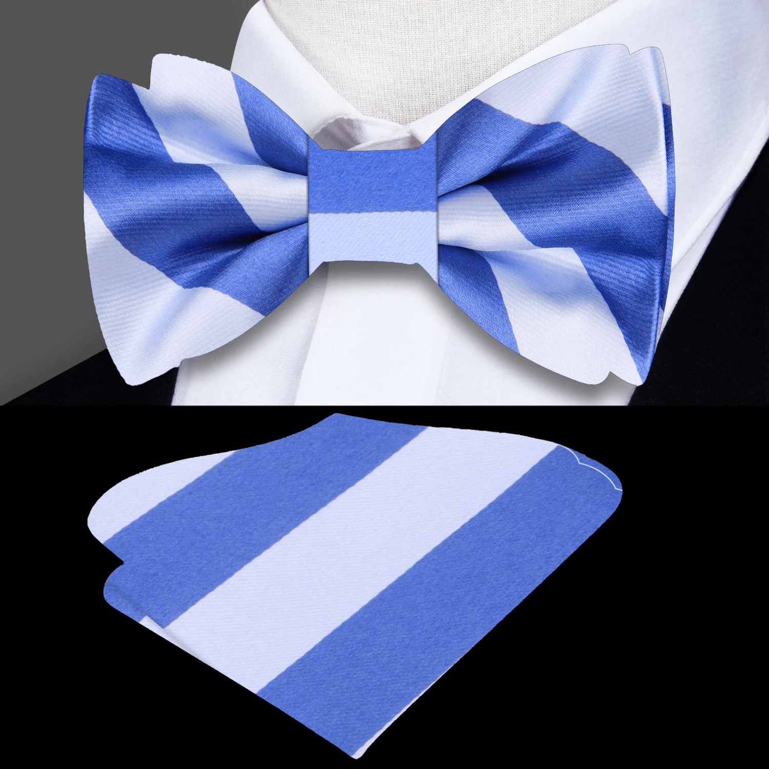 A Soft Blue and Soft White Color Thick Stripe Pattern Silk Bow Tie, Matching Pocket Square||Five Below Blue, Glacier Blue
