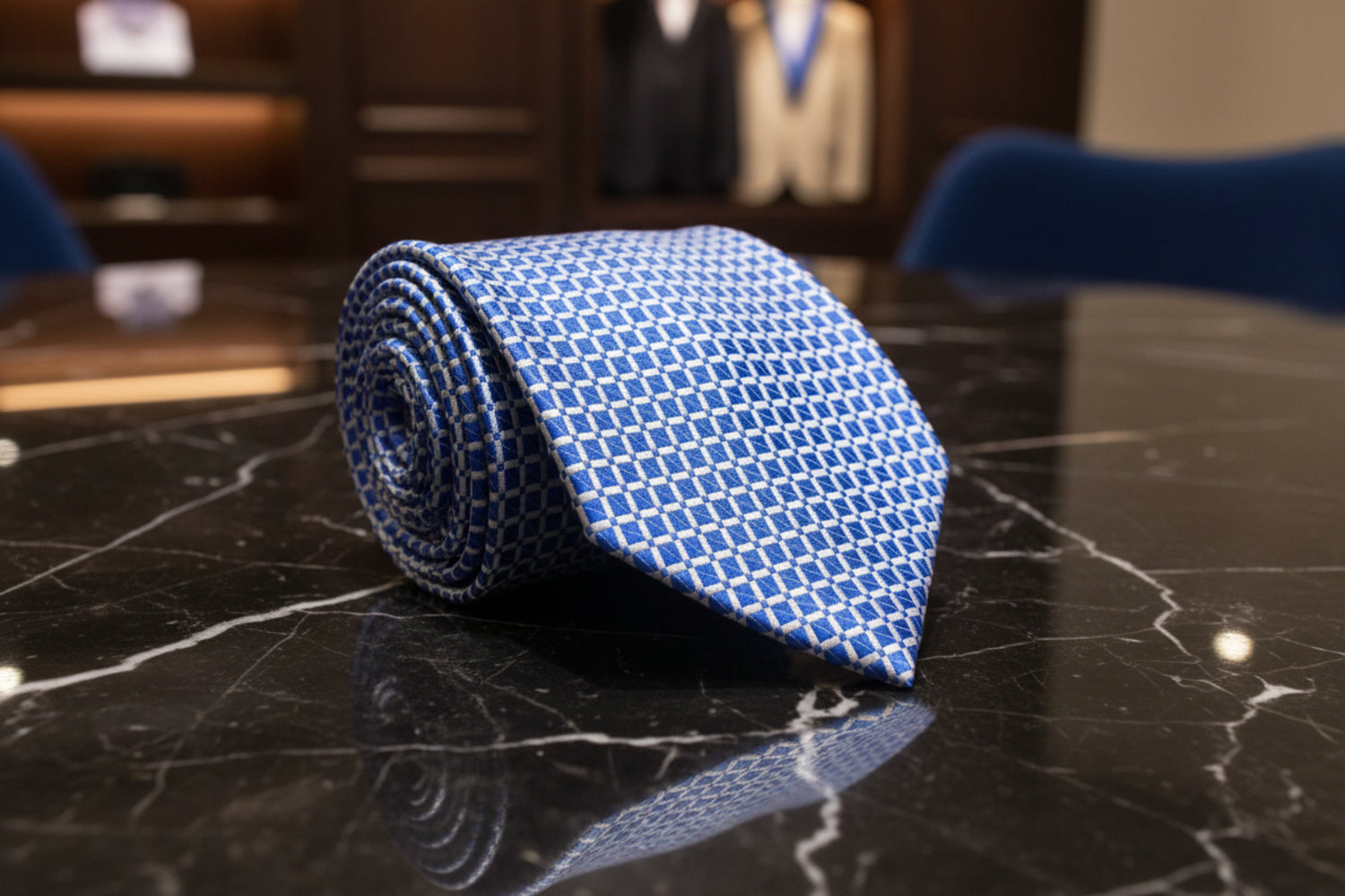 Rolled blue tie with a geometric pattern on a dark marble surface
