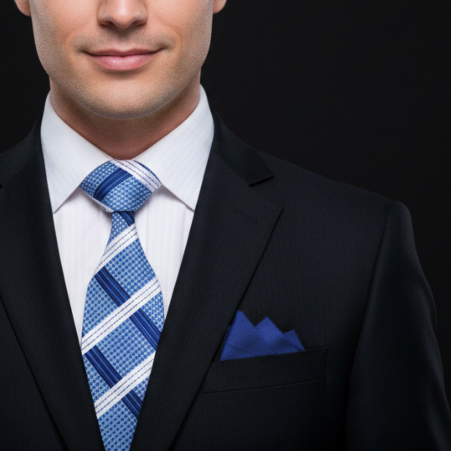 Blue, White Plaid Necktie and Blue Square