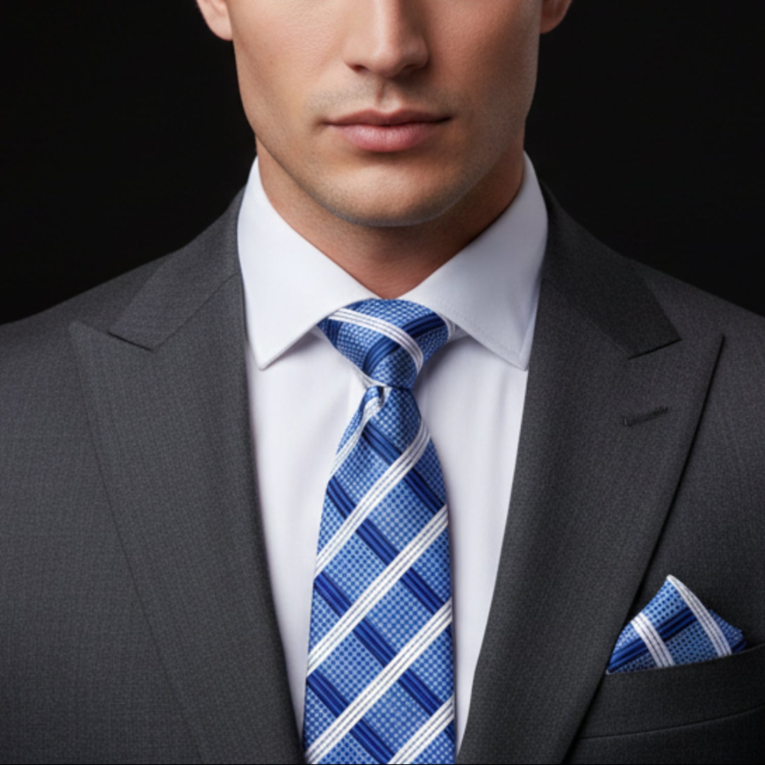 Man wearing a gray suit with a blue and white striped tie and pocket square on a black background