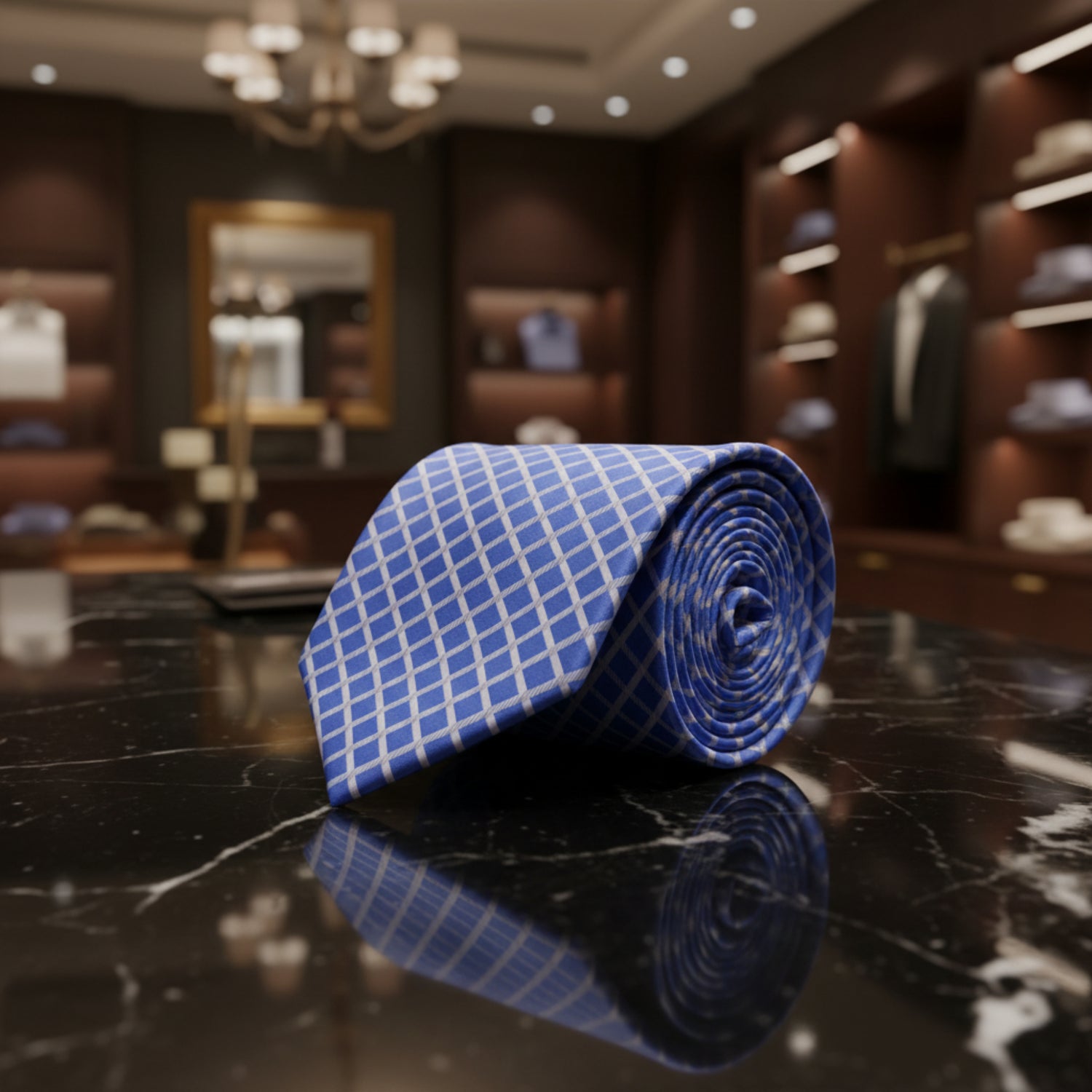Royal Blue and Light Silver Windowpane Check Necktie