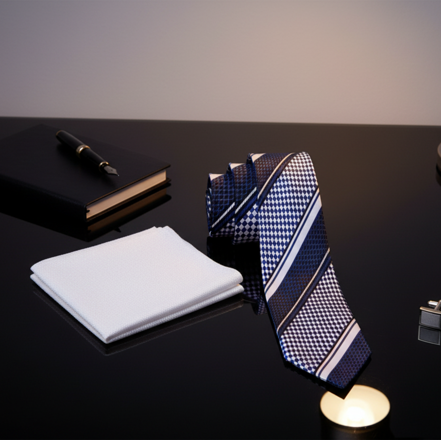 Navy and white patterned thin tie with  white pocket square 