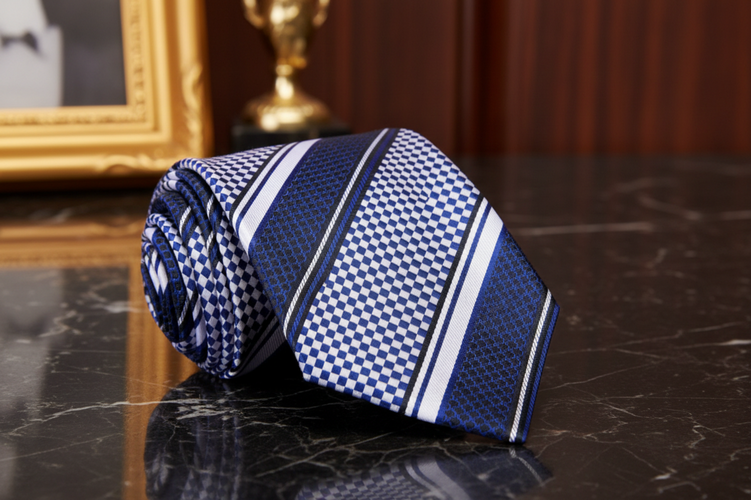 Navy Blue and White Checkered Stripe Necktie
