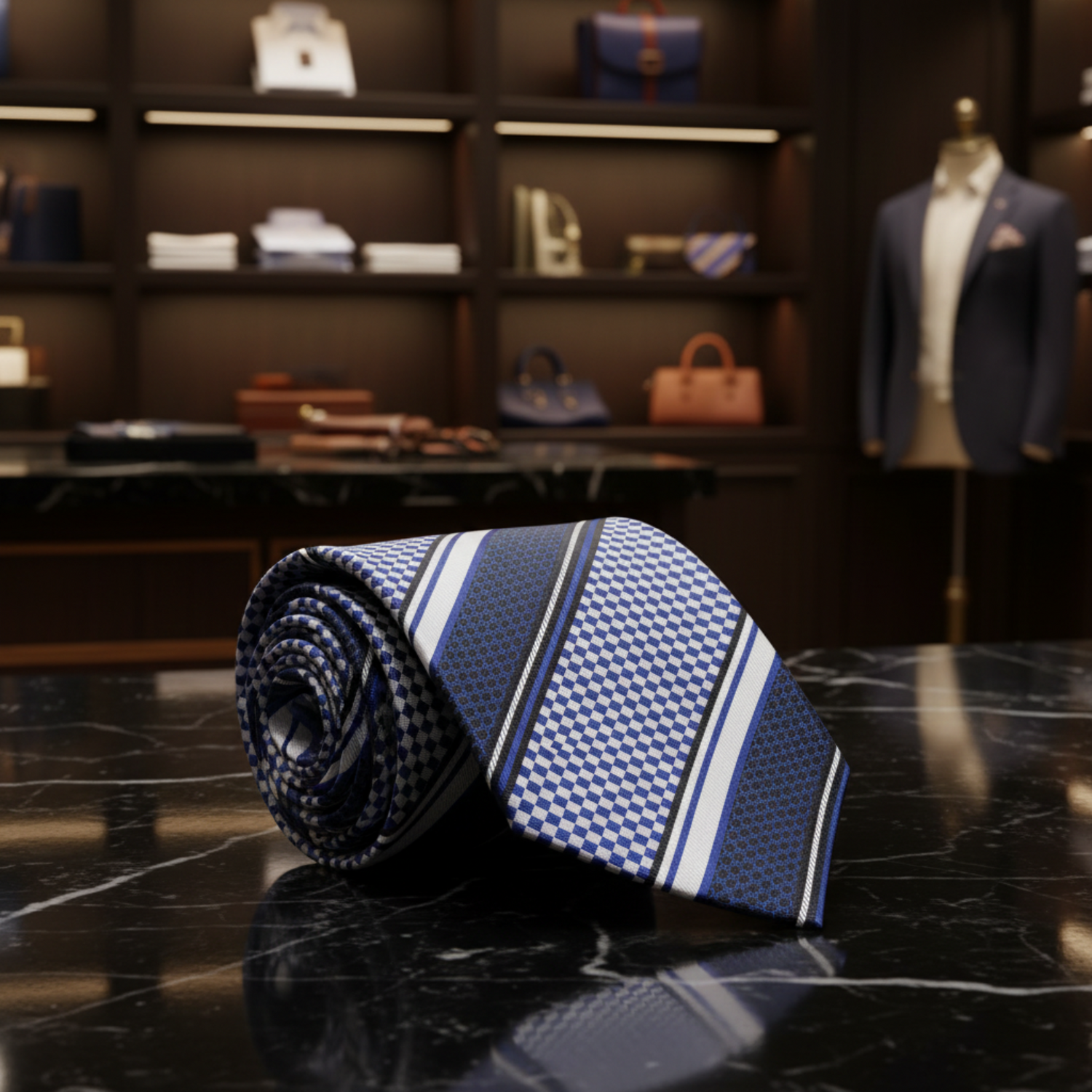Blue and white checkered tie with striped pattern on a white background