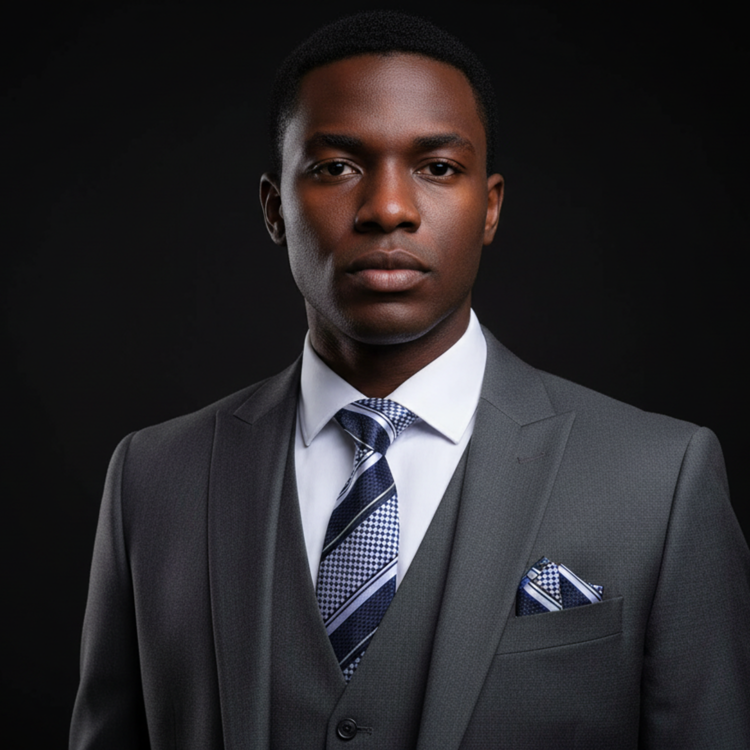 Man wearing a gray suit with a blue tie and pocket square on a black background