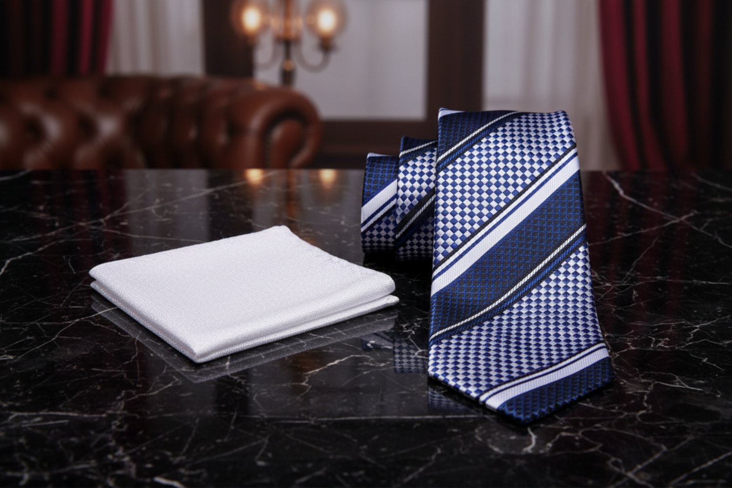 Blue and white patterned tie and silver pocket square on a dark surface with a blurred background