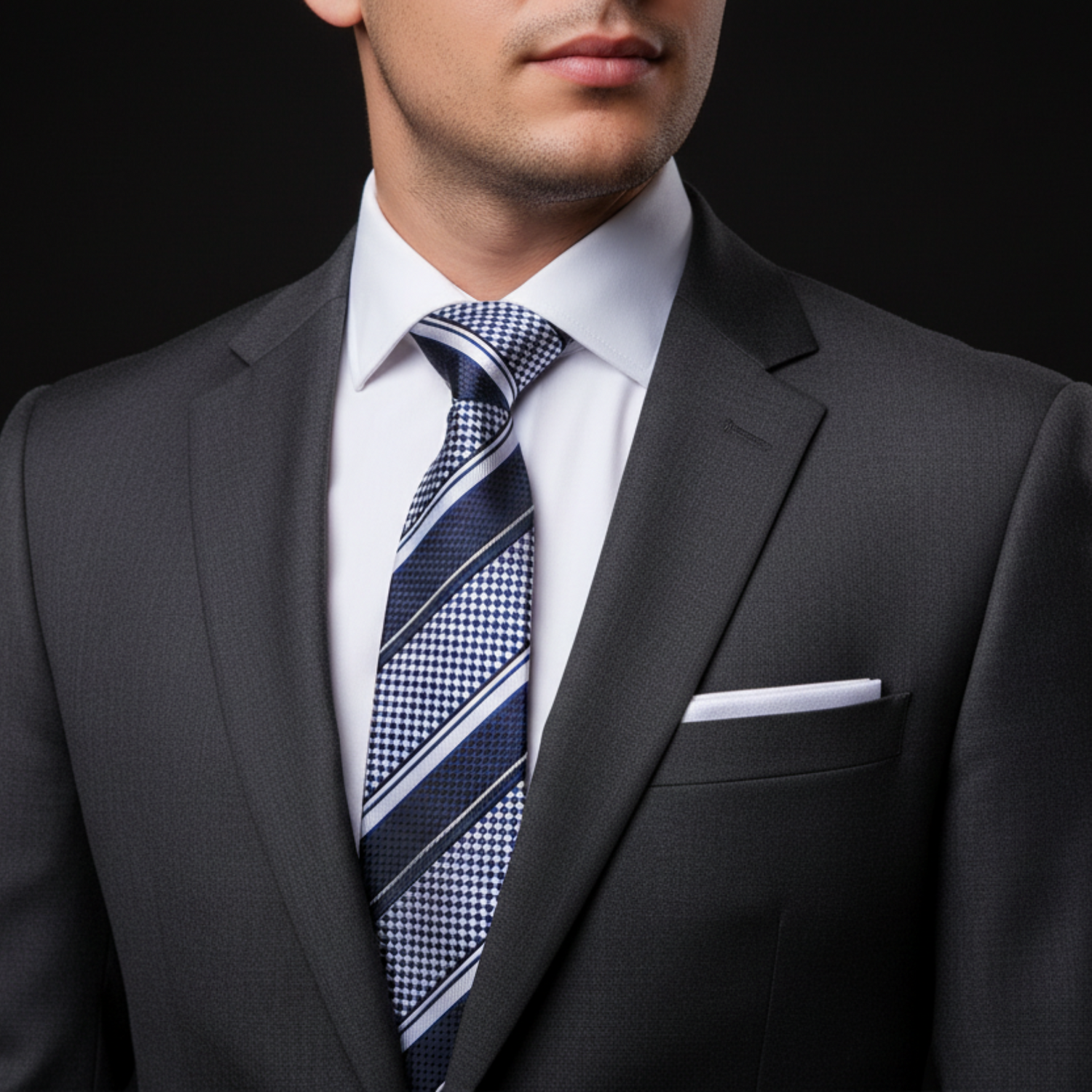 Man wearing a dark suit with a patterned tie on a black background