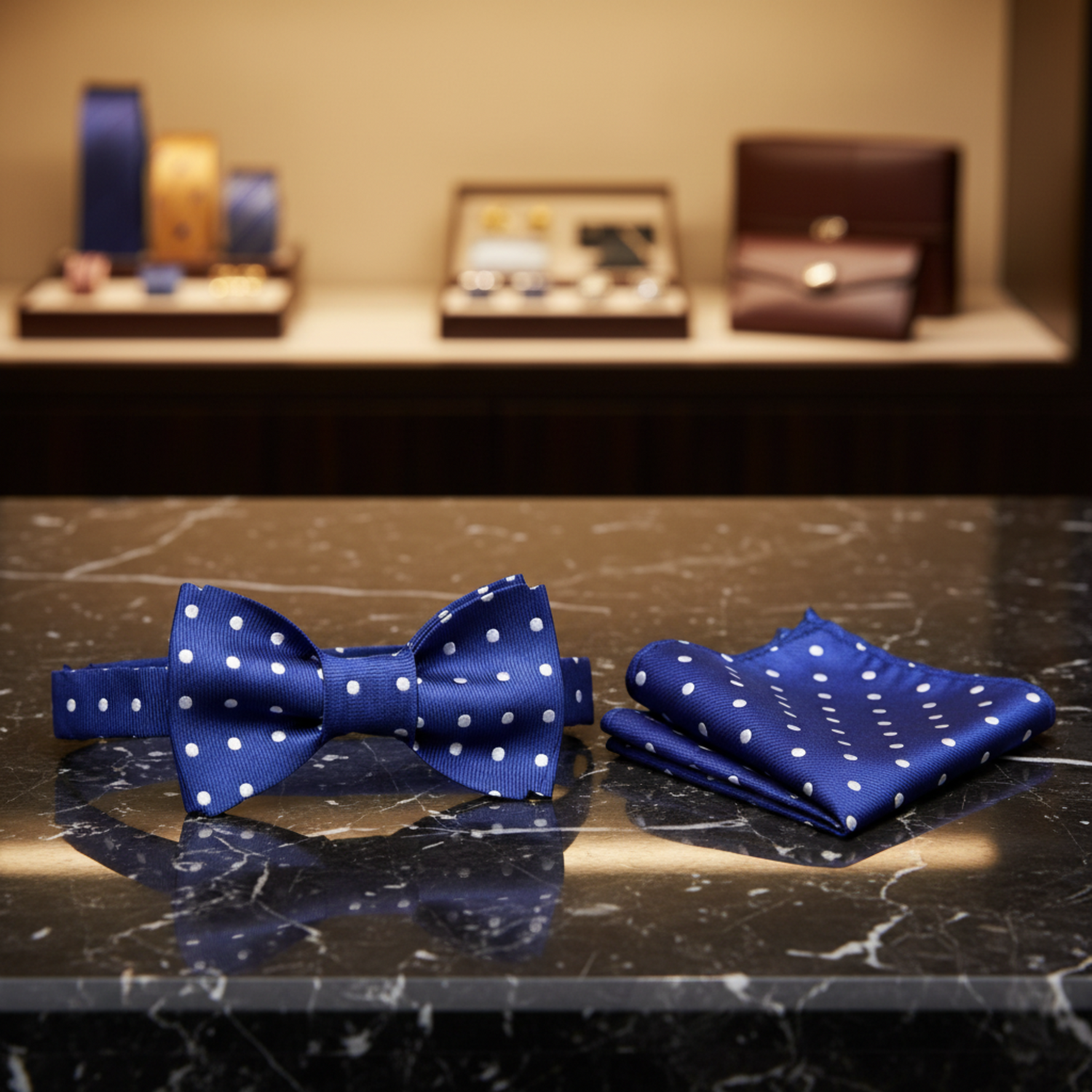 Main View: Blue, White Polka Bow Tie and Pocket Square