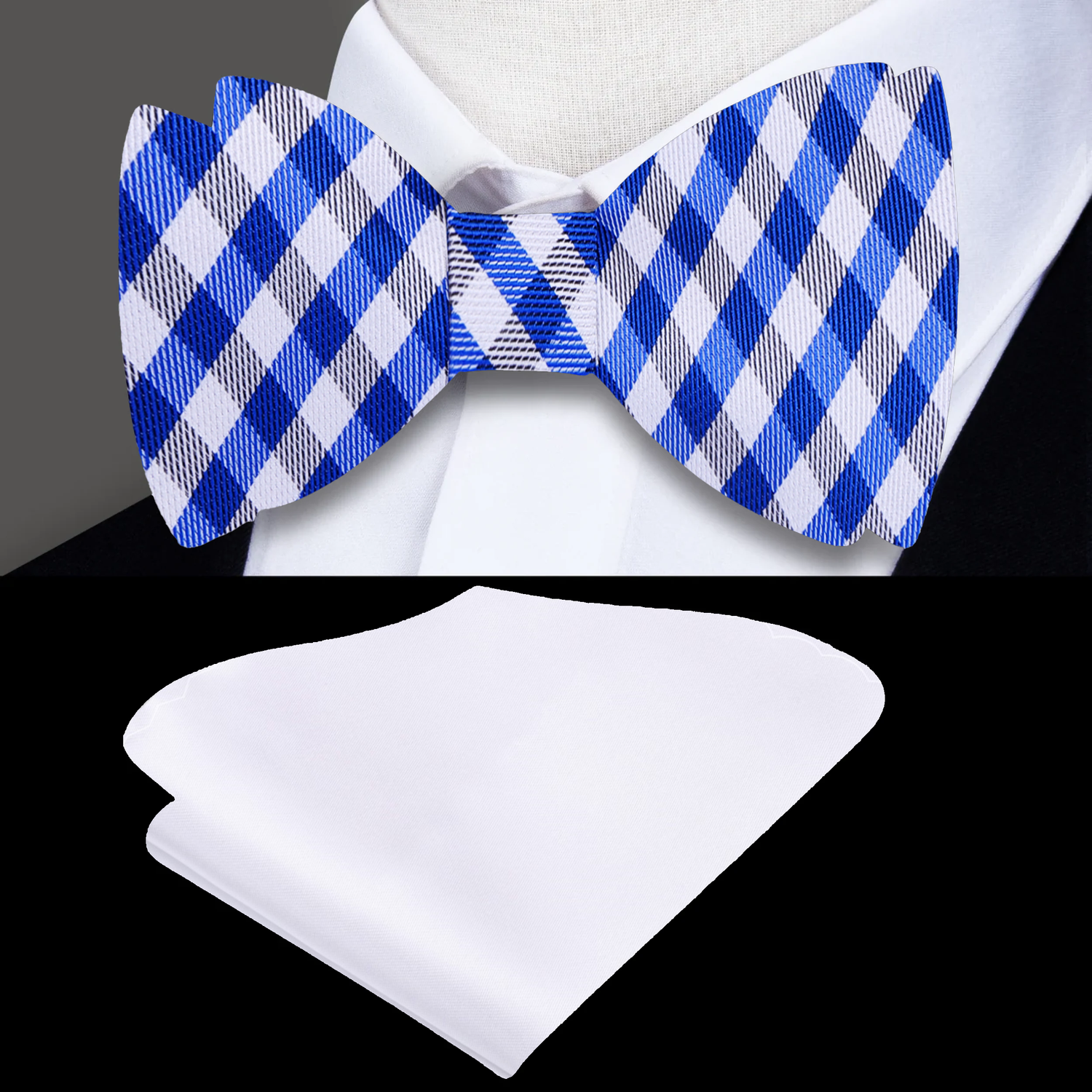 Blue, White Check Bow Tie and White Square