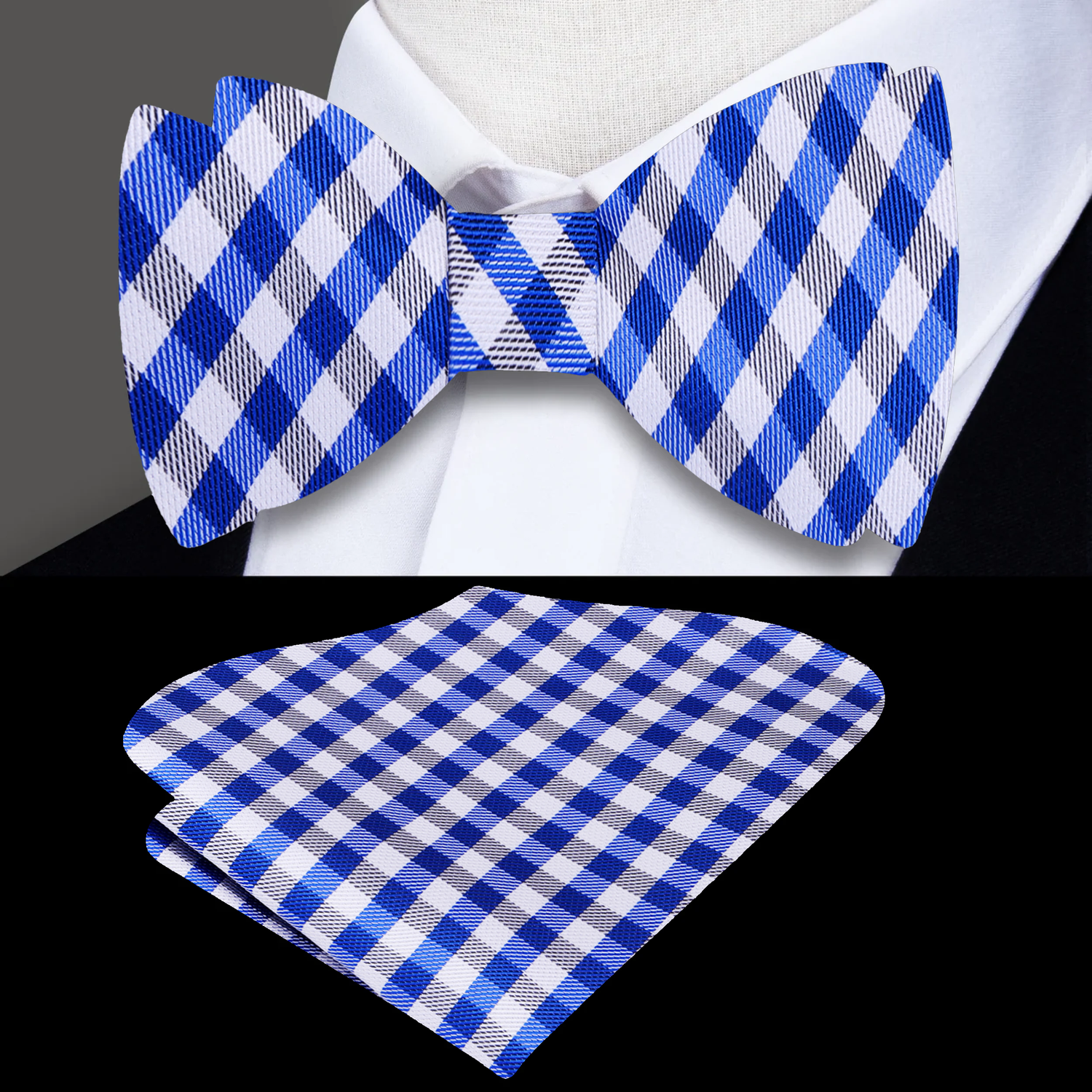 Blue, White Check Bow Tie and Square