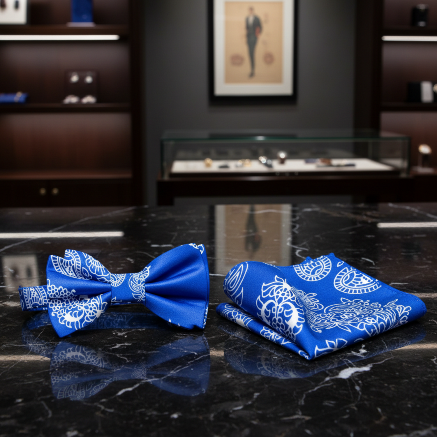 Blue White Paisley Bow Tie and Square