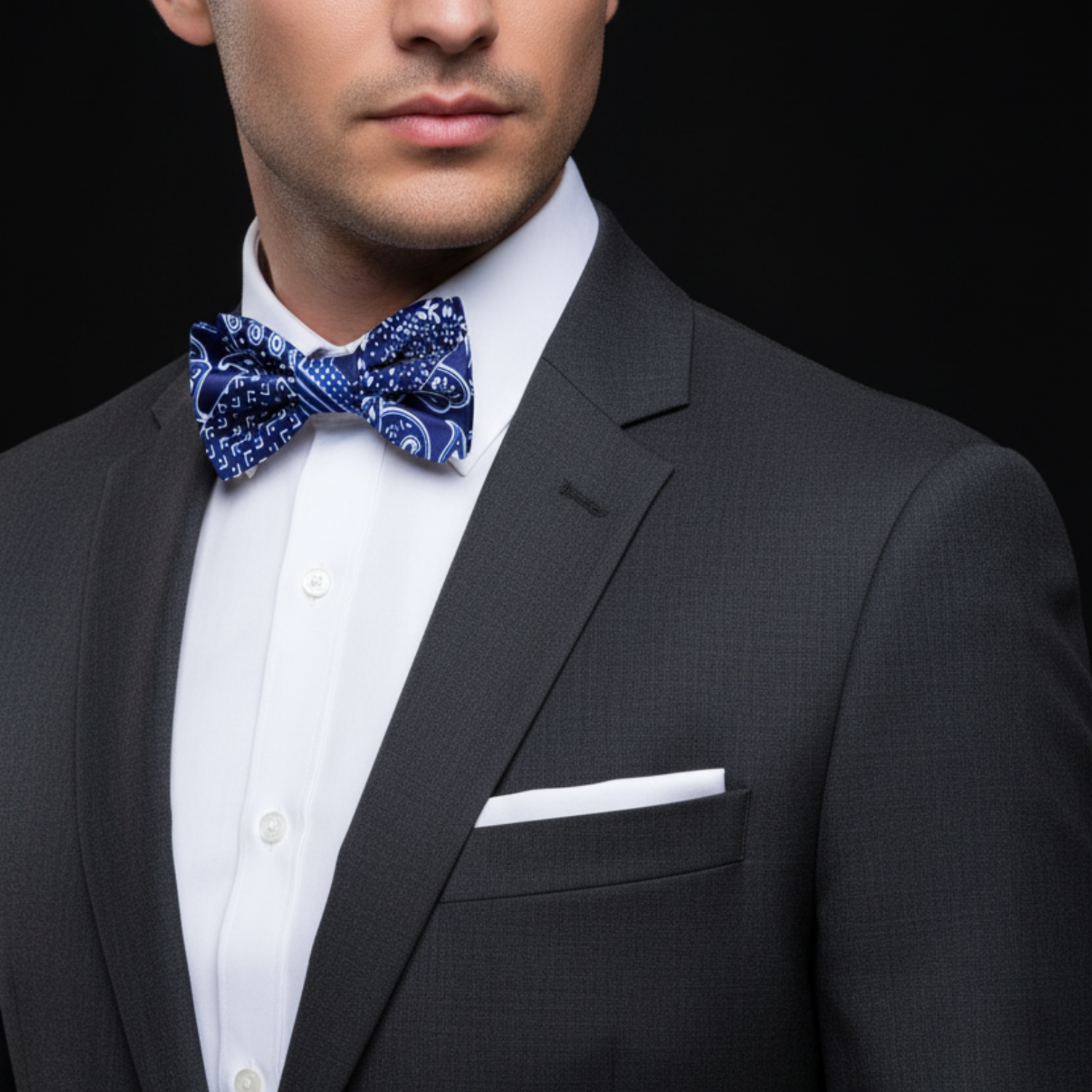 Man wearing a black suit with a blue patterned bow tie on a black background