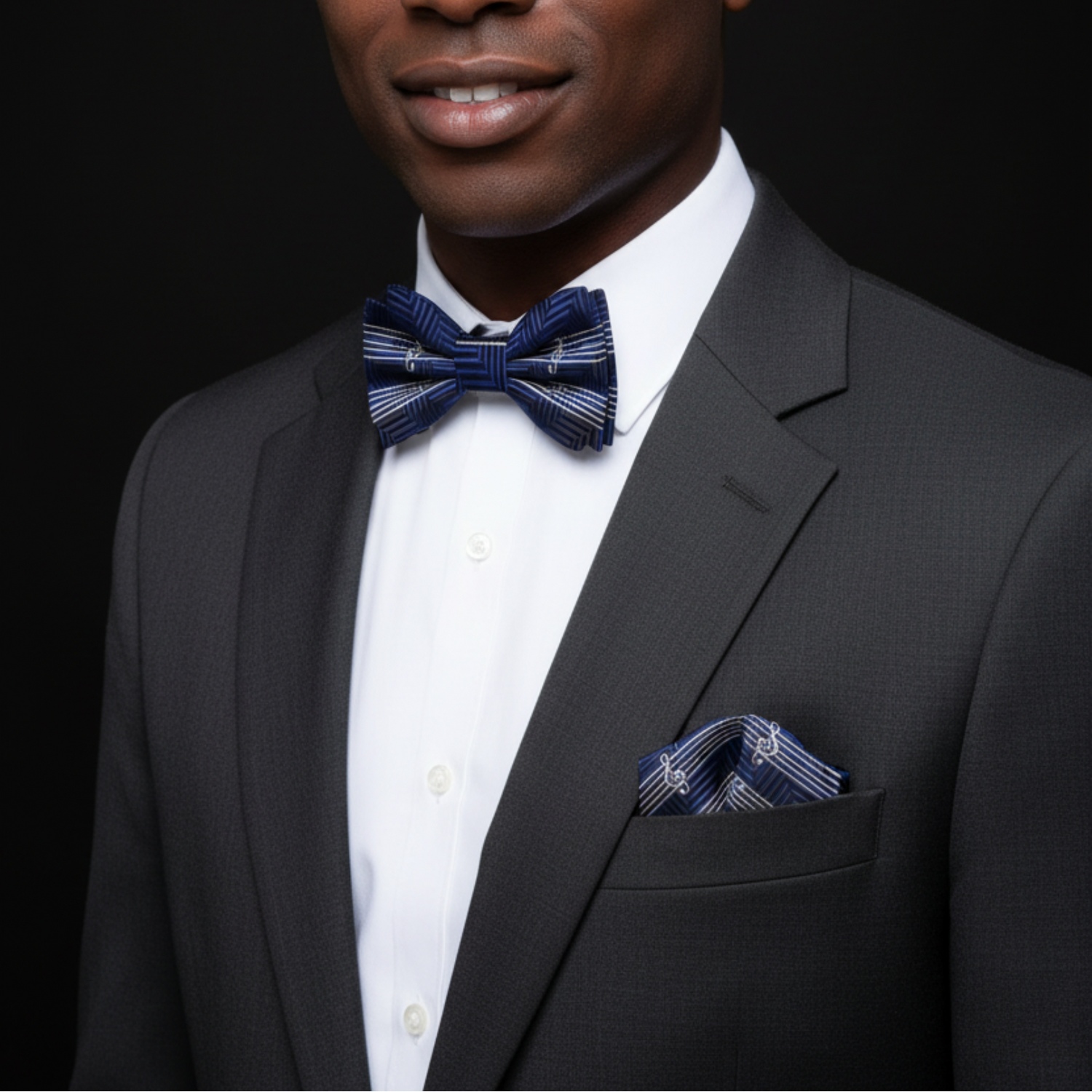 Blue Sheet Music Bow Tie and Square on Man