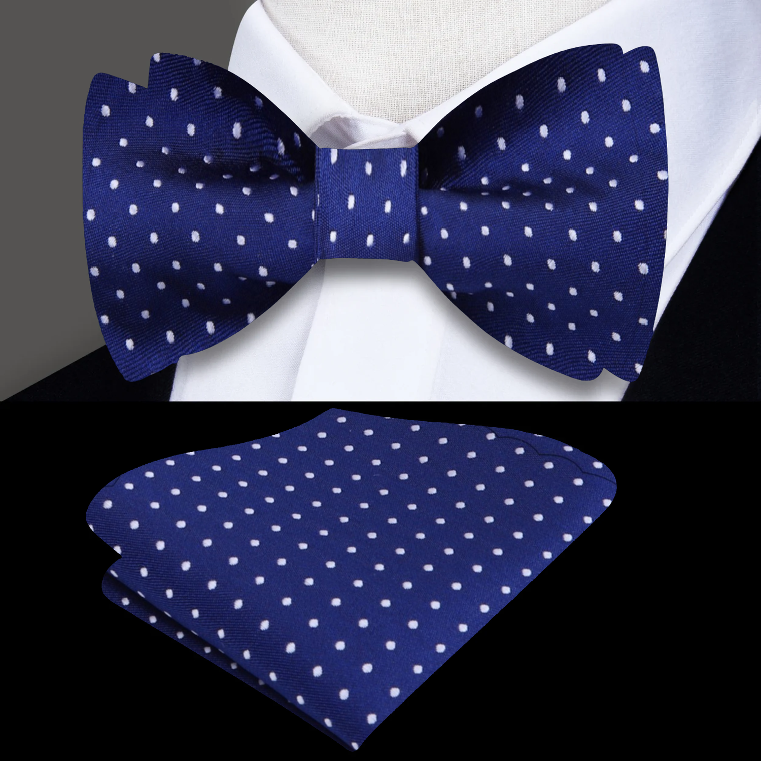 Main: A Blue, White Polka Dot Pattern Silk Self Tie Bow Tie, Matching Pocket Square